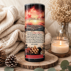 A beautiful 20 Ounce tumbler with "Once upon a time" the background a mountain scene and a golden sunset behind the Haysi High School building.   Displayed on a wooden trivet 