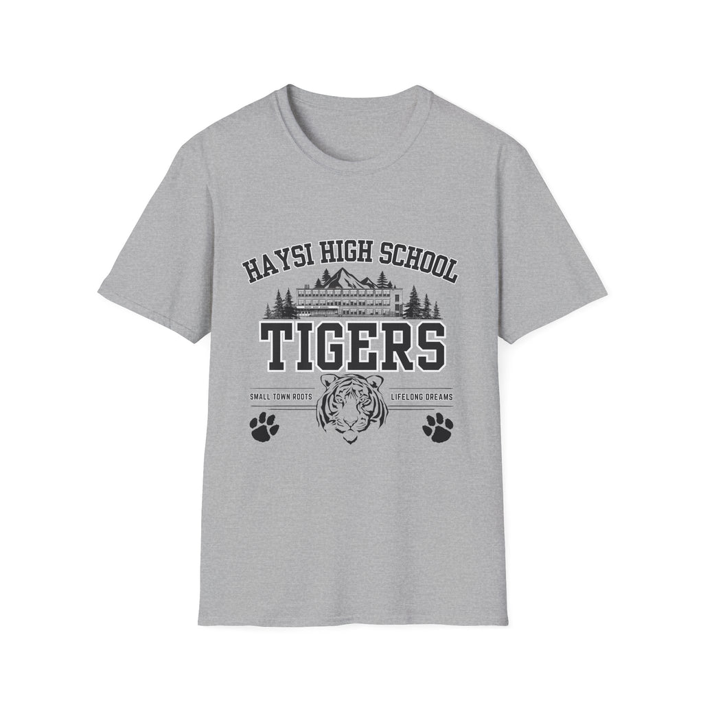 A heather gray short-sleeve crewneck t-shirt featuring a black graphic print on the front that reads 'HAYSI HIGH SCHOOL TIGERS' with a tiger head, mountains, trees, and paw prints.