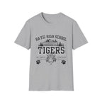 A heather gray short-sleeve crewneck t-shirt featuring a black graphic print on the front that reads 'HAYSI HIGH SCHOOL TIGERS' with a tiger head, mountains, trees, and paw prints.