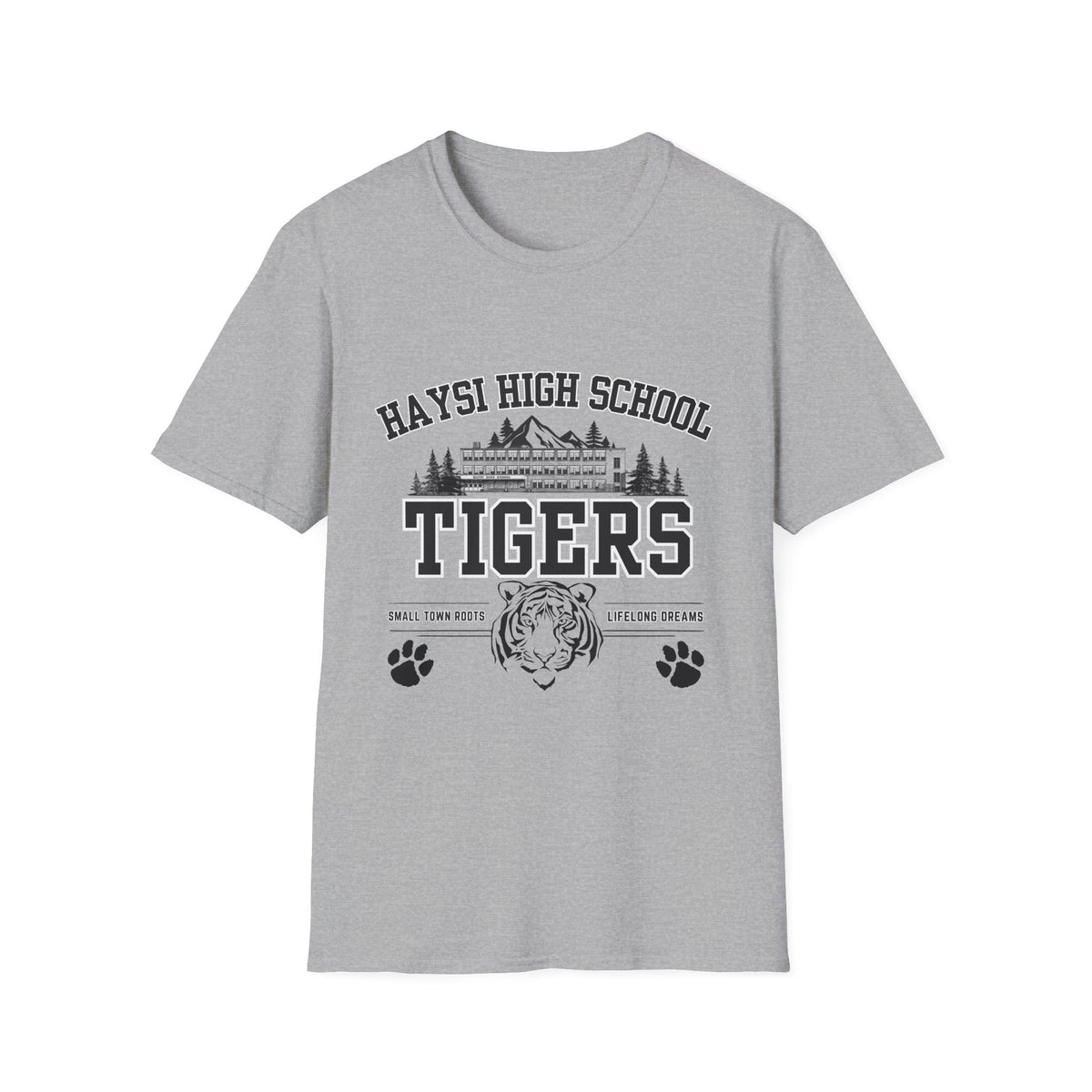 A heather gray short-sleeve crewneck t-shirt featuring a black graphic print on the front that reads 'HAYSI HIGH SCHOOL TIGERS' with a tiger head, mountains, trees, and paw prints.