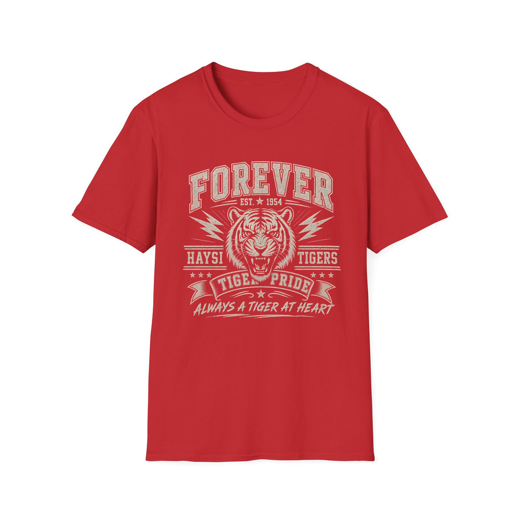 A red graphic t-shirt. The shirt features a white distressed print of a tiger head and the text 'FOREVER HAYSI TIGERS EST 1954 TIGRE PRIDE ALWAYS A TIGER AT HEART'.