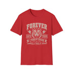 A red graphic t-shirt. The shirt features a white distressed print of a tiger head and the text 'FOREVER HAYSI TIGERS EST 1954 TIGRE PRIDE ALWAYS A TIGER AT HEART'.