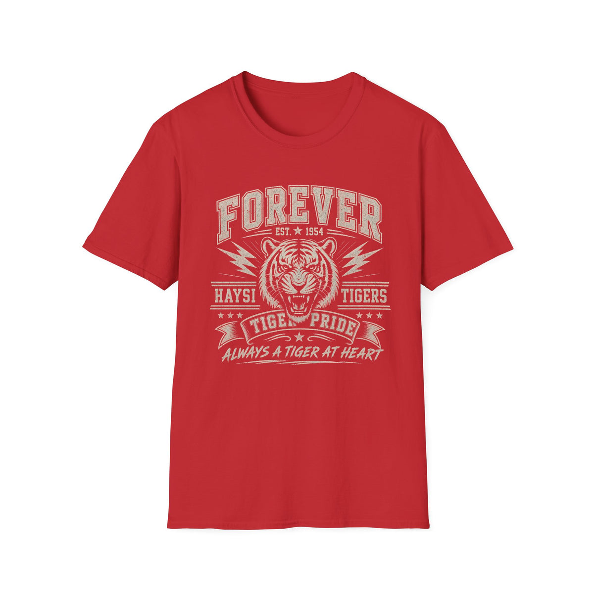 A red graphic t-shirt. The shirt features a white distressed print of a tiger head and the text 'FOREVER HAYSI TIGERS EST 1954 TIGRE PRIDE ALWAYS A TIGER AT HEART'.