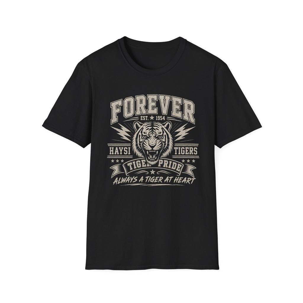 A  black short-sleeve graphic t-shirt. The shirt features a white distressed print of a tiger head and the text 'FOREVER HAYSI TIGERS EST 1954 TIGRE PRIDE ALWAYS A TIGER AT HEART'.