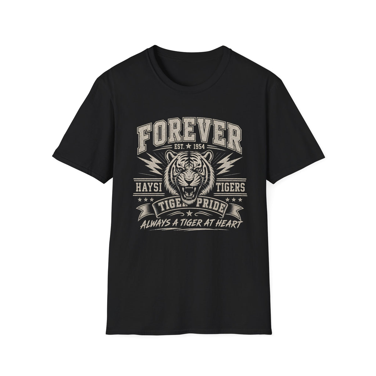 A  black short-sleeve graphic t-shirt. The shirt features a white distressed print of a tiger head and the text 'FOREVER HAYSI TIGERS EST 1954 TIGRE PRIDE ALWAYS A TIGER AT HEART'.