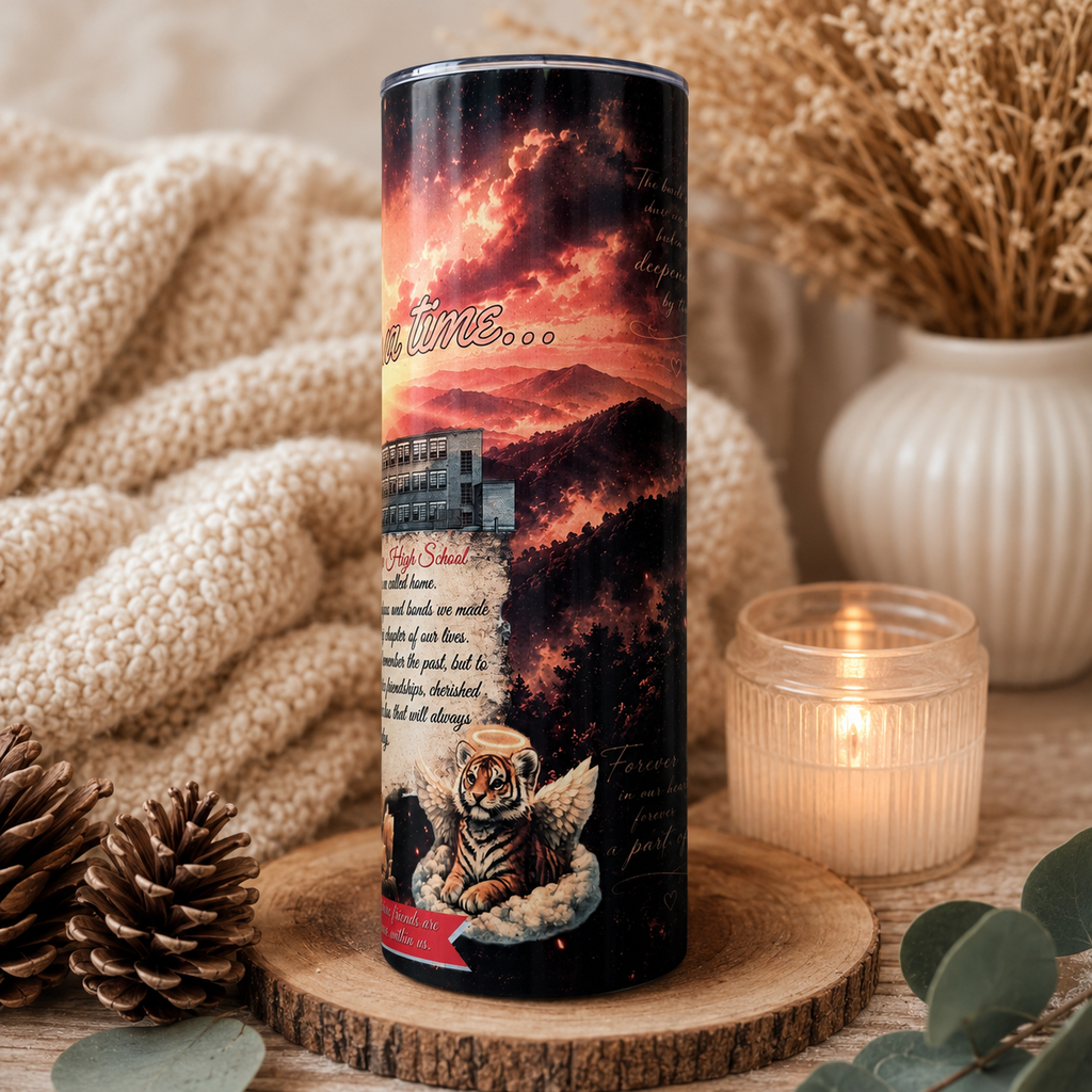 A beautiful 20 Ounce tumbler with "Once upon a time" the background a mountain scene and a golden sunset behind the Haysi High School building.   Displayed on a wooden trivet 