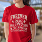 A  bright red short-sleeve t-shirt with a vintage-style white graphic print featuring a tiger, the text 'FOREVER EST. 1954', 'HAYSI TIGERS', and 'ALWAYS A TIGER AT HEART'.