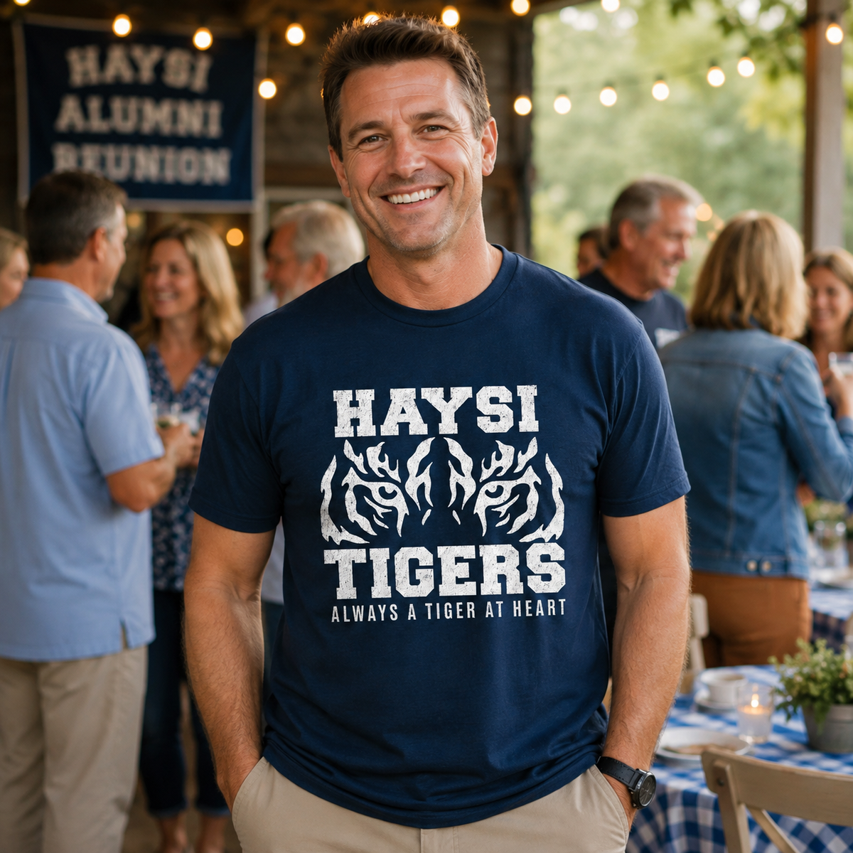 A man wearing a navy blue t-shirt with a white graphic that reads 'HAYSI TIGERS ALWAYS A TIGER AT HEART' stands at an outdoor reunion event with other people and string lights in the background.