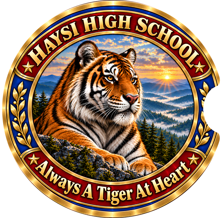 A circular school emblem for Haysi High School featuring a detailed illustration of a tiger resting in a mountain landscape at sunrise. The design has a gold border, red outer ring with gold lettering reading 'HAYSI HIGH SCHOOL' and 'Always A Tiger At Heart', and blue inner details.