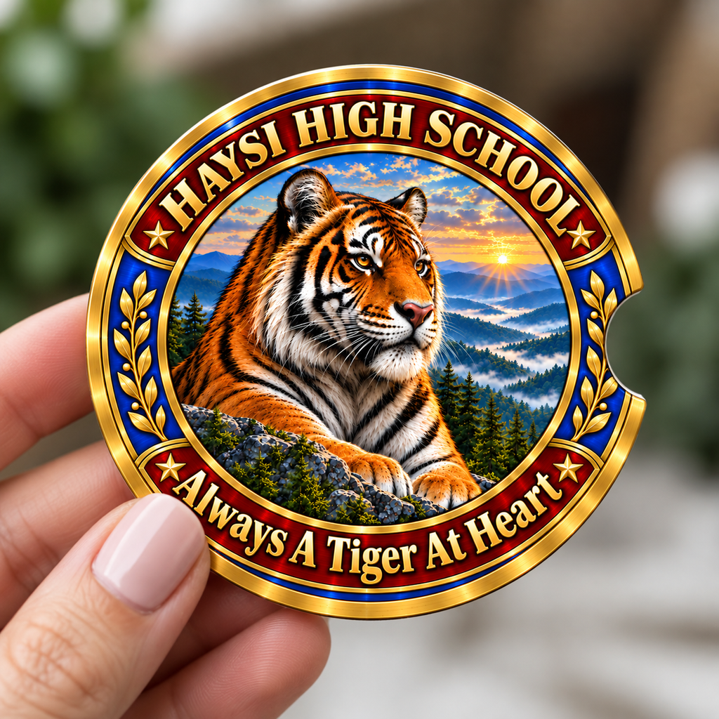 A hand holds a round metal car key fob featuring a detailed illustration of a tiger in a mountain landscape. The fob is decorated with a gold border, blue and red accents, and the text 'HAYSI HIGH SCHOOL' and 'Always A Tiger At Heart'.