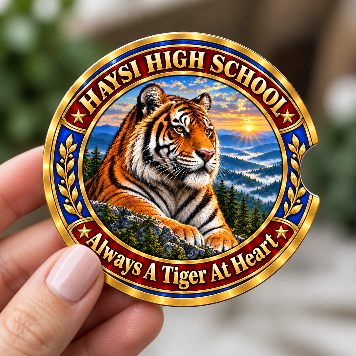 A hand holds a round metal car key fob featuring a detailed illustration of a tiger in a mountain landscape. The fob is decorated with a gold border, blue and red accents, and the text 'HAYSI HIGH SCHOOL' and 'Always A Tiger At Heart'.