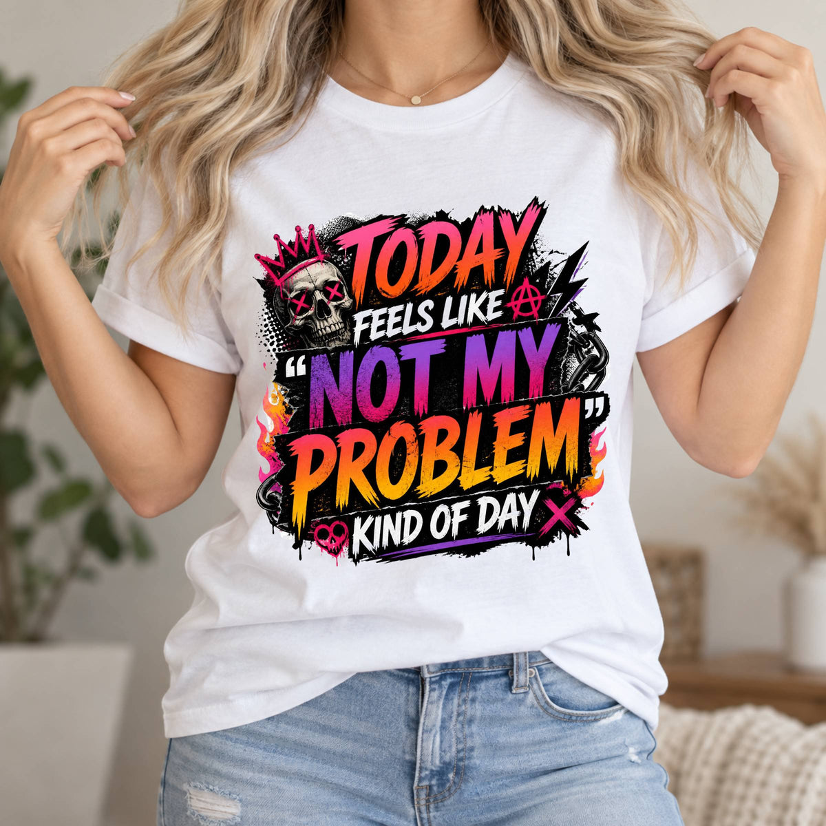 Not My Problem Tee - Retro Skull Graphic Tee, 'Today Feels Like A Not My Problem Kind Of Day'