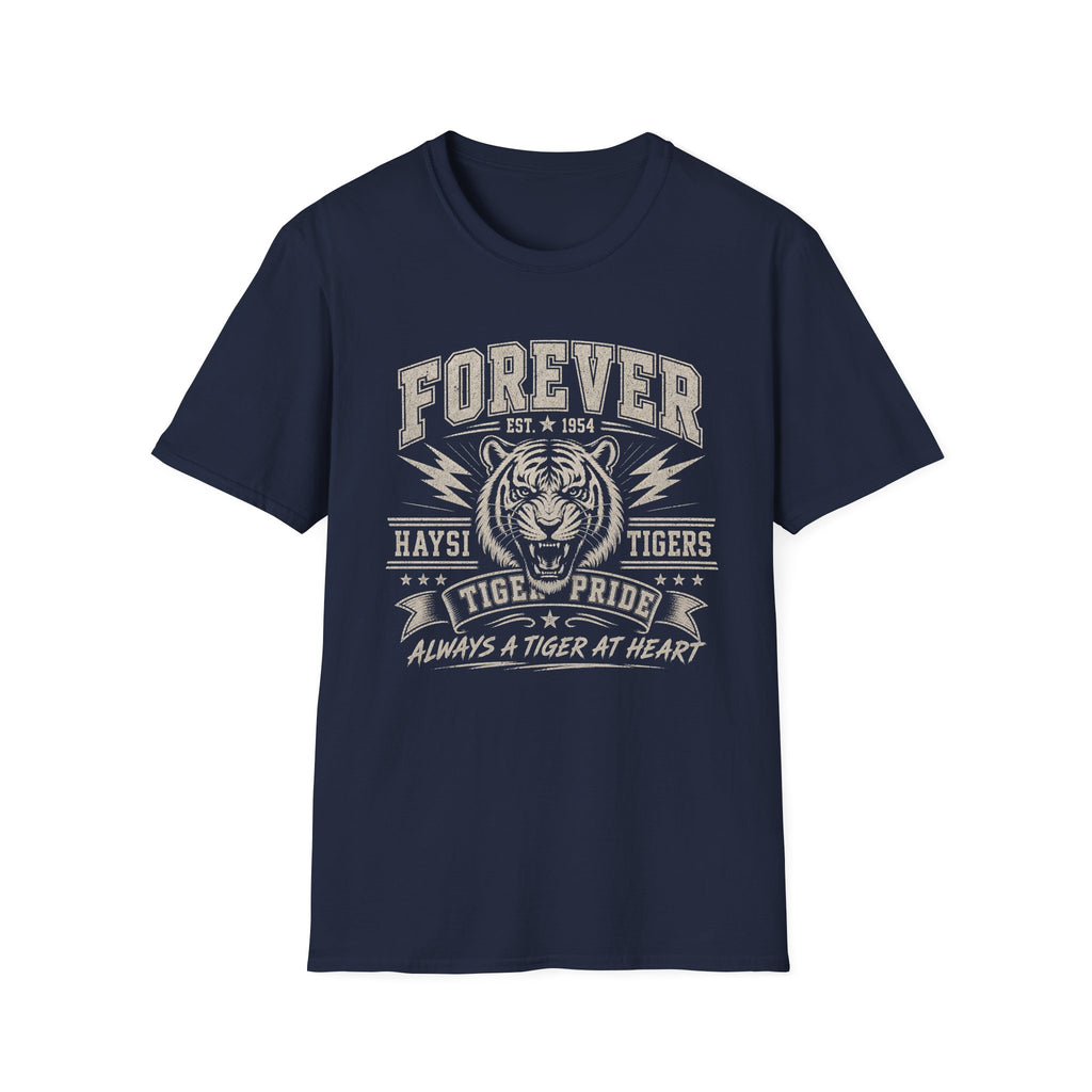 Navy Blue t-shirt with graphic design and text on a white background That says "Forever Tiger Pride"