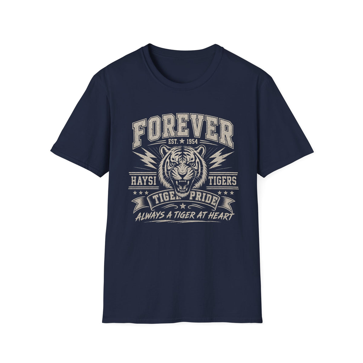 Navy Blue t-shirt with graphic design and text on a white background That says "Forever Tiger Pride"