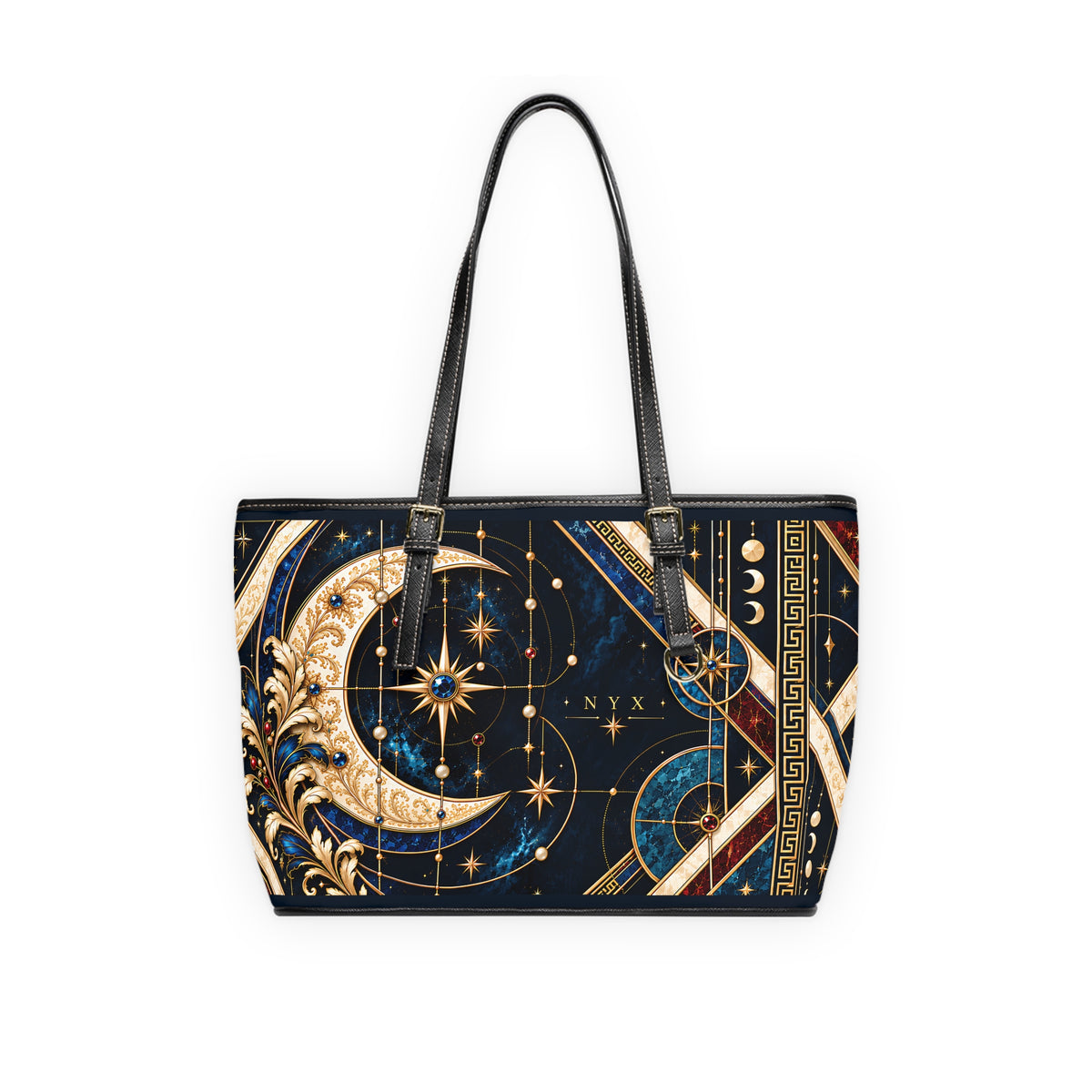A PU Leather shoulder bag with black leather handles and a dark navy blue celestial print featuring gold crescent moons, stars, geometric borders, and blue accents, shown against a plain white background.