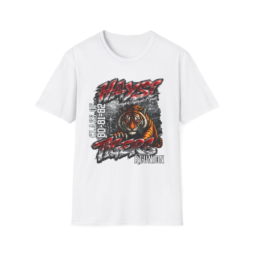 A white short-sleeve crewneck t-shirt featuring a large front graphic print of a tiger, graffiti-style text, and the Reunion brand logo.