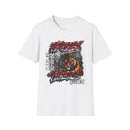 A white short-sleeve crewneck t-shirt featuring a large front graphic print of a tiger, graffiti-style text, and the Reunion brand logo.