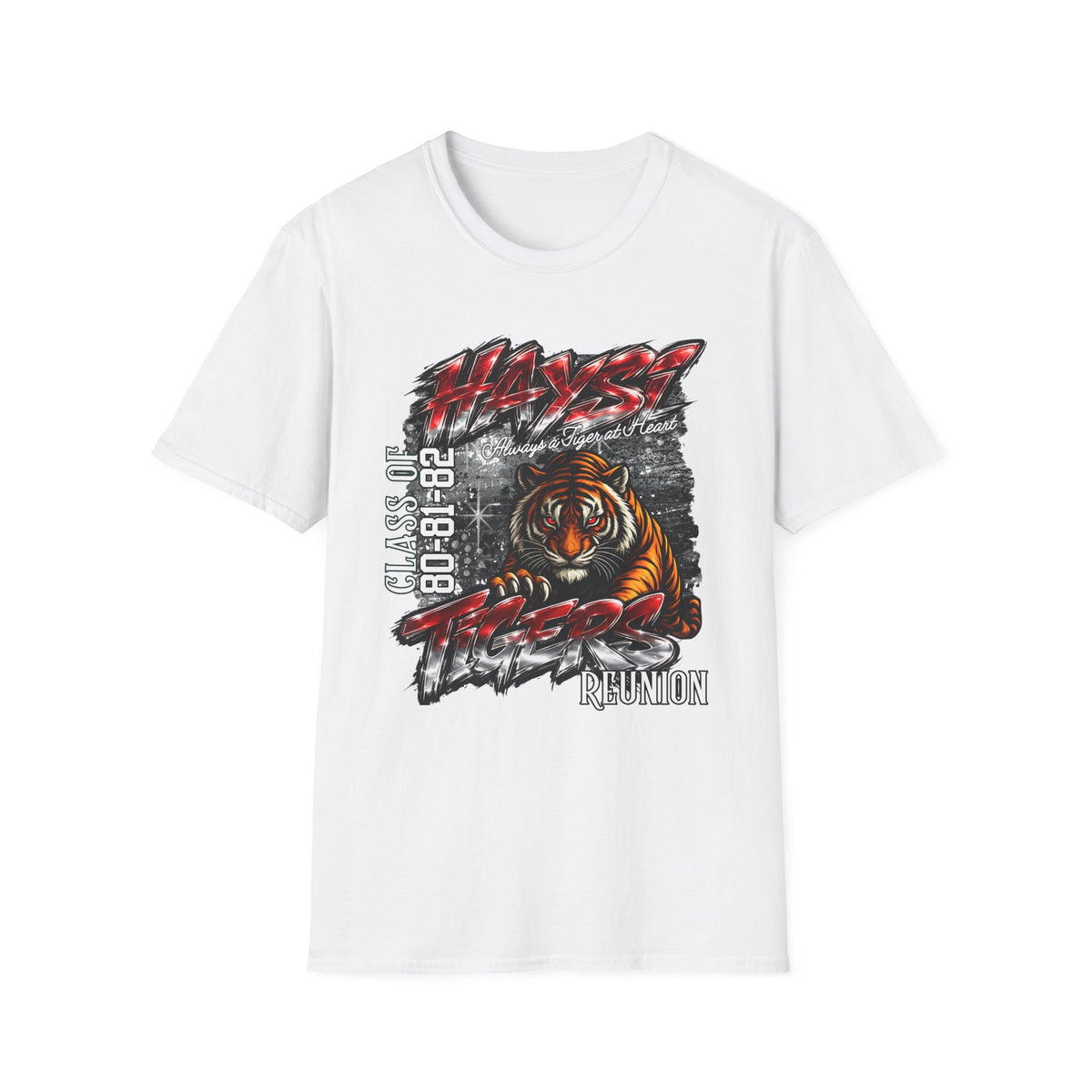 A white short-sleeve crewneck t-shirt featuring a large front graphic print of a tiger, graffiti-style text, and the Reunion brand logo.