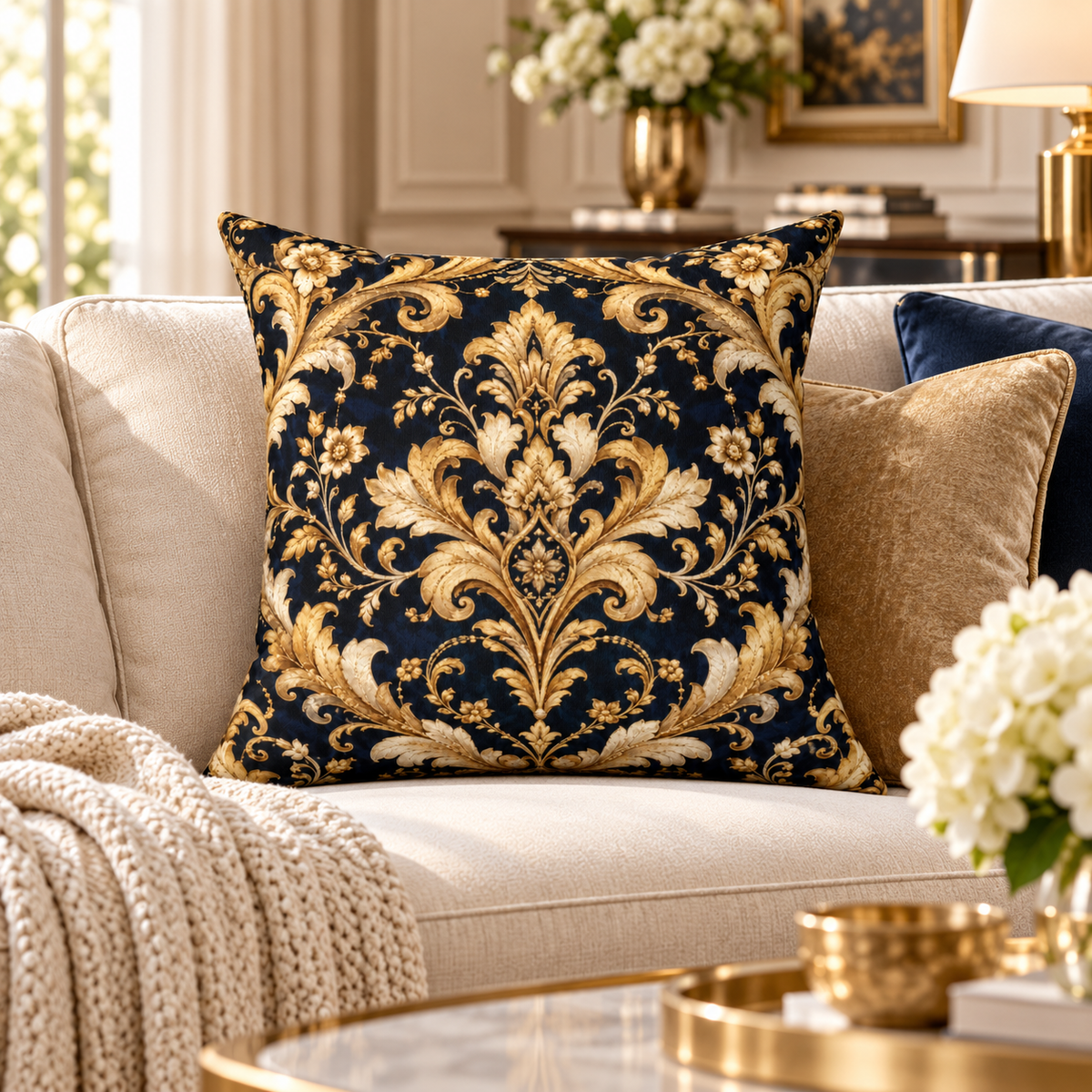 Divine Night Gilded Damask Pillow