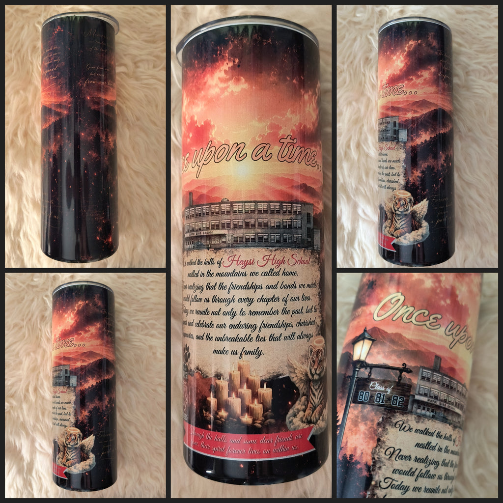 A collage showing multiple views of a tall insulated tumbler with a custom design. The design features a golden sunset sky, a school building illustration, a tiger, and inspirational text including Once upon a time.
