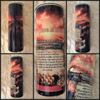A collage showing multiple views of a tall insulated tumbler with a custom design. The design features a golden sunset sky, a school building illustration, a tiger, and inspirational text including Once upon a time.