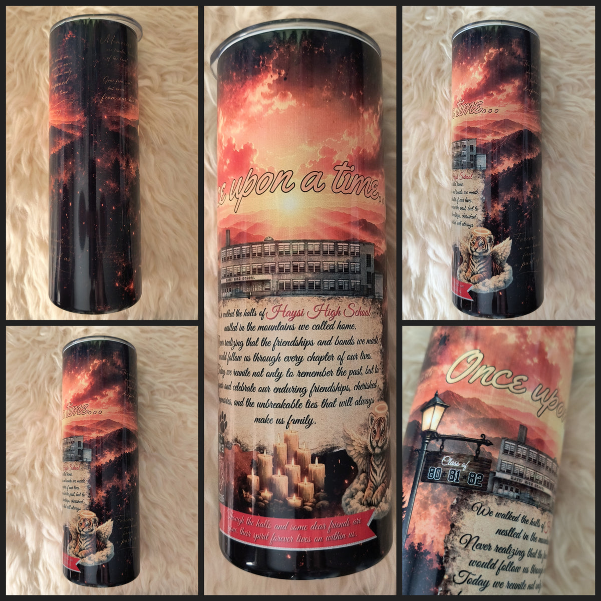A collage showing multiple views of a tall insulated tumbler with a custom design. The design features a golden sunset sky, a school building illustration, a tiger, and inspirational text including Once upon a time.