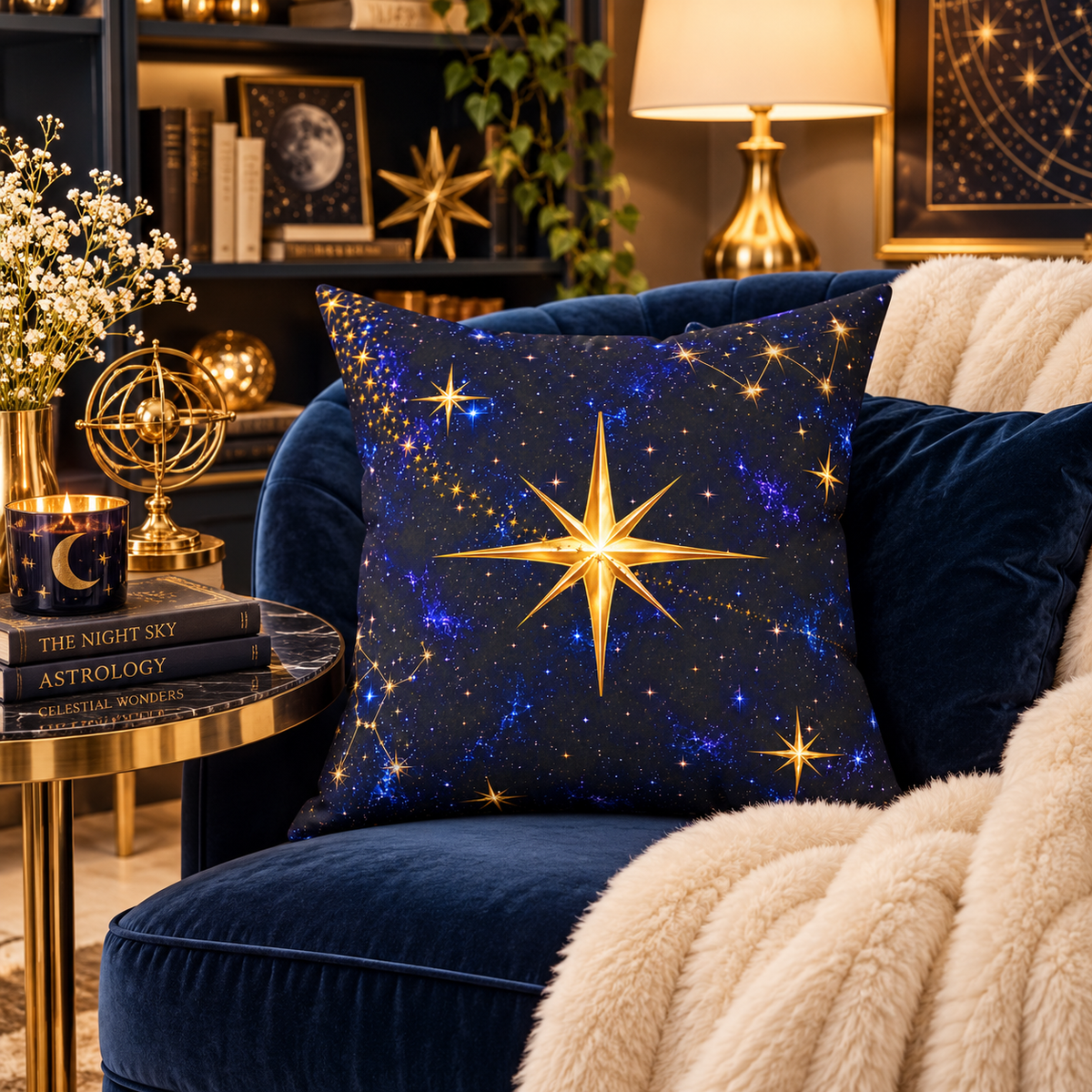 NYX Celestial Star Accent Pillow – Midnight Galaxy & Gold Throw Pillow