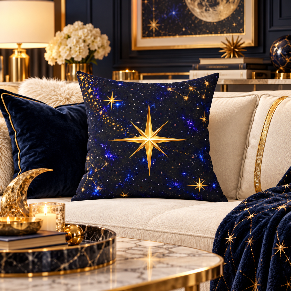 NYX Celestial Star Accent Pillow – Midnight Galaxy & Gold Throw Pillow