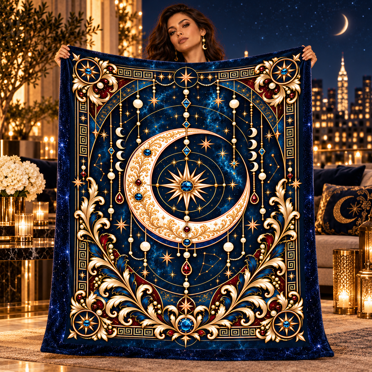 NYX Celestial Plush Blanket – Luxury Moon, Stars & Gold Throw