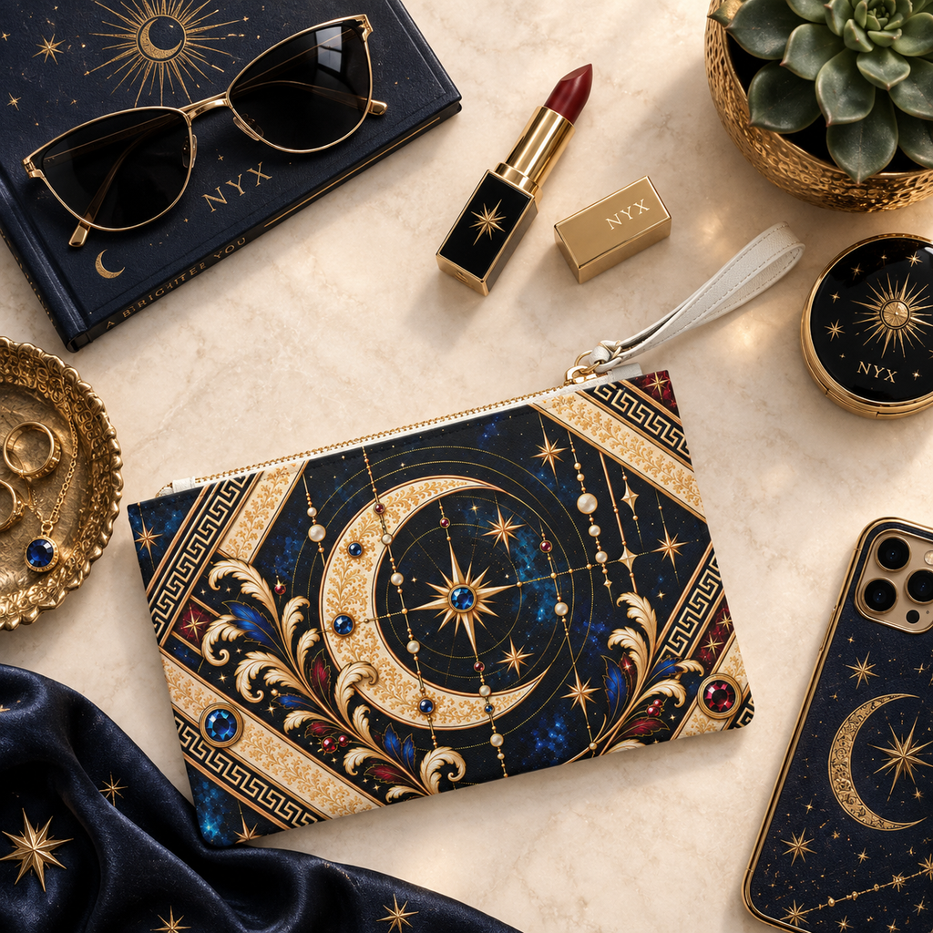 A flat-lay product photo of a hand clutch purse with a celestial print, styled with other gold and navy accessories on a beige marble background.