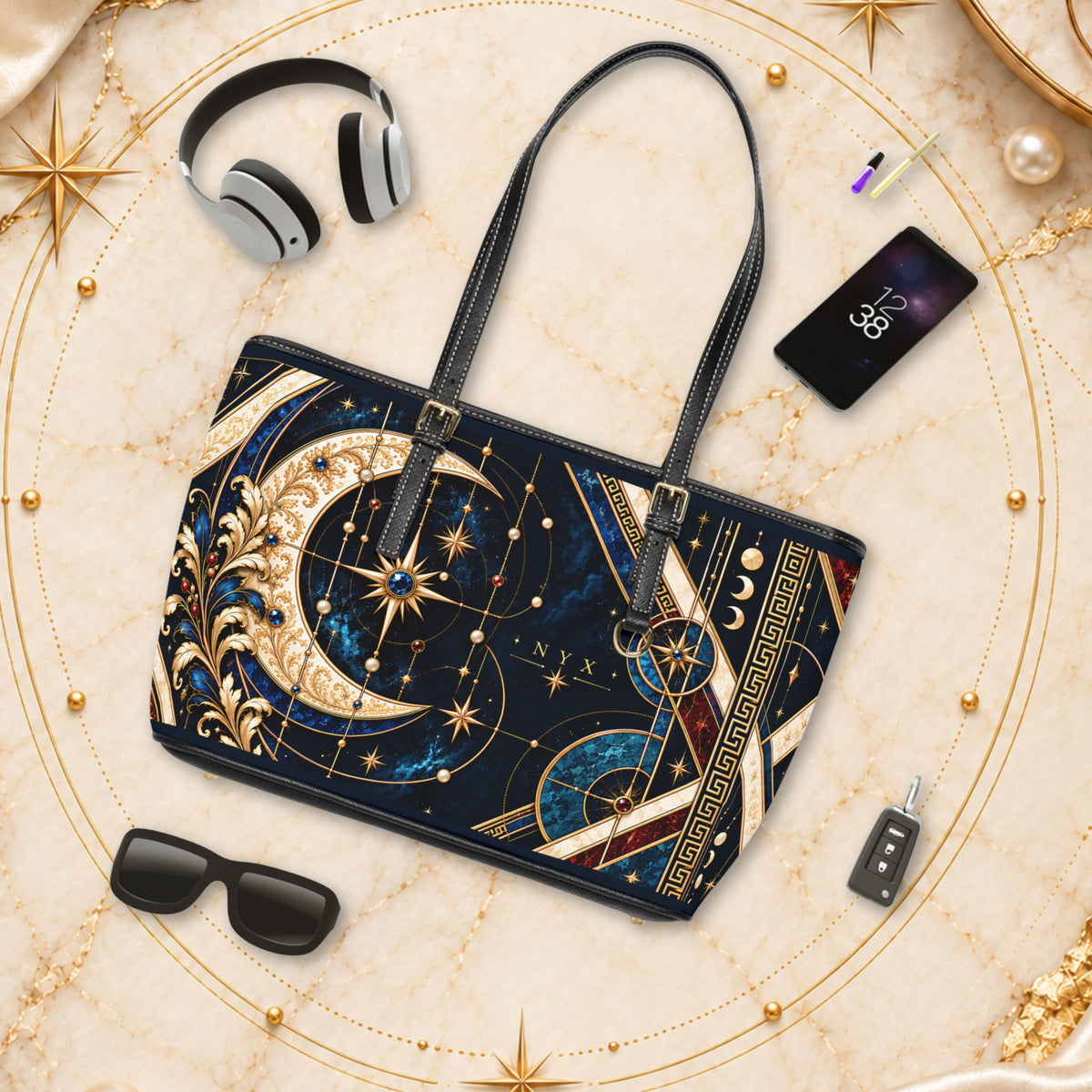 A shoulder bag with a celestial and ornate gold pattern on a dark navy background, styled in a flat-lay arrangement with headphones, sunglasses, a smartphone, and keys on a marble surface.